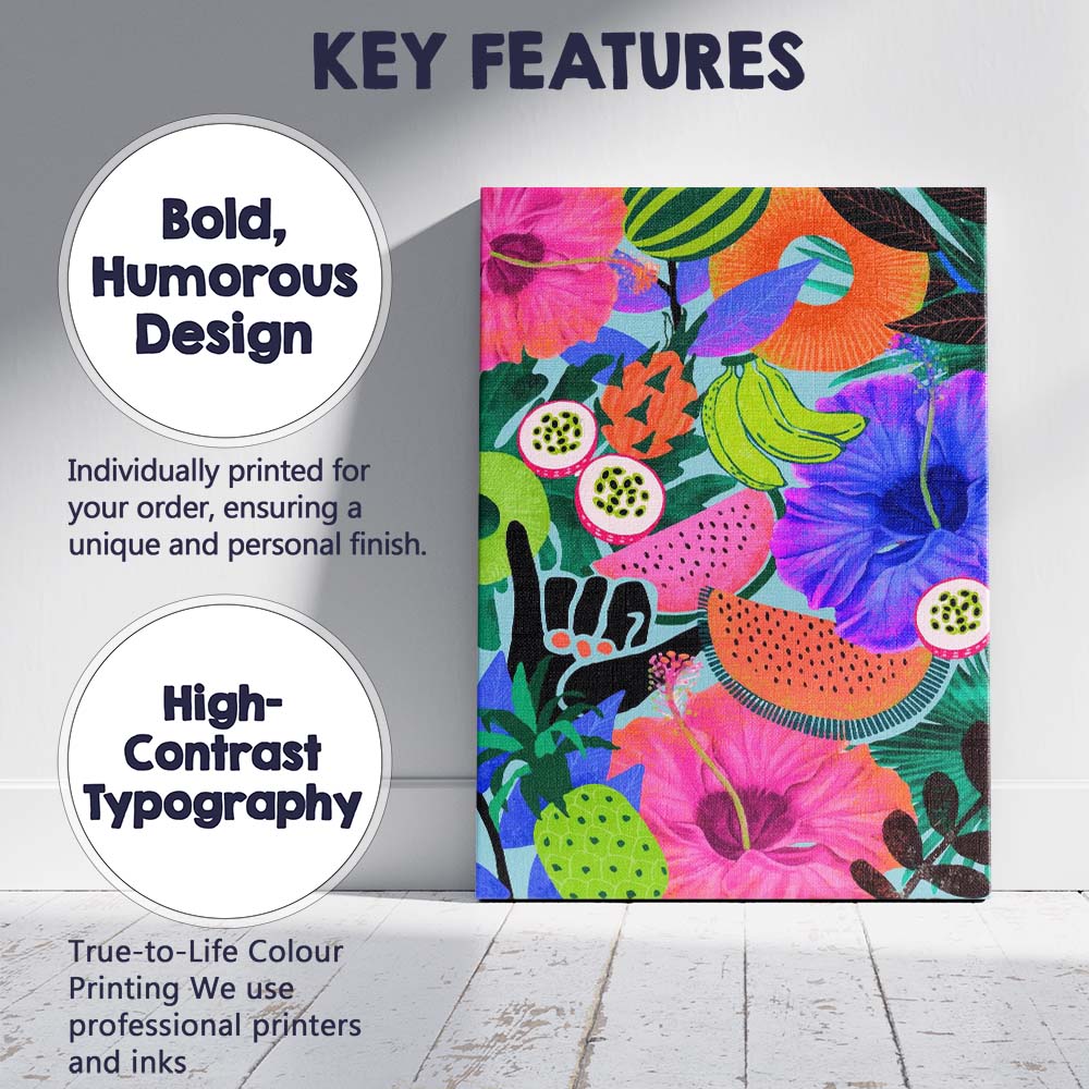 Vibrant Tropical Fruit And Hibiscus Botanical Collage Illustration Canvas Wall Art Print Decor Picture Ready to Hang