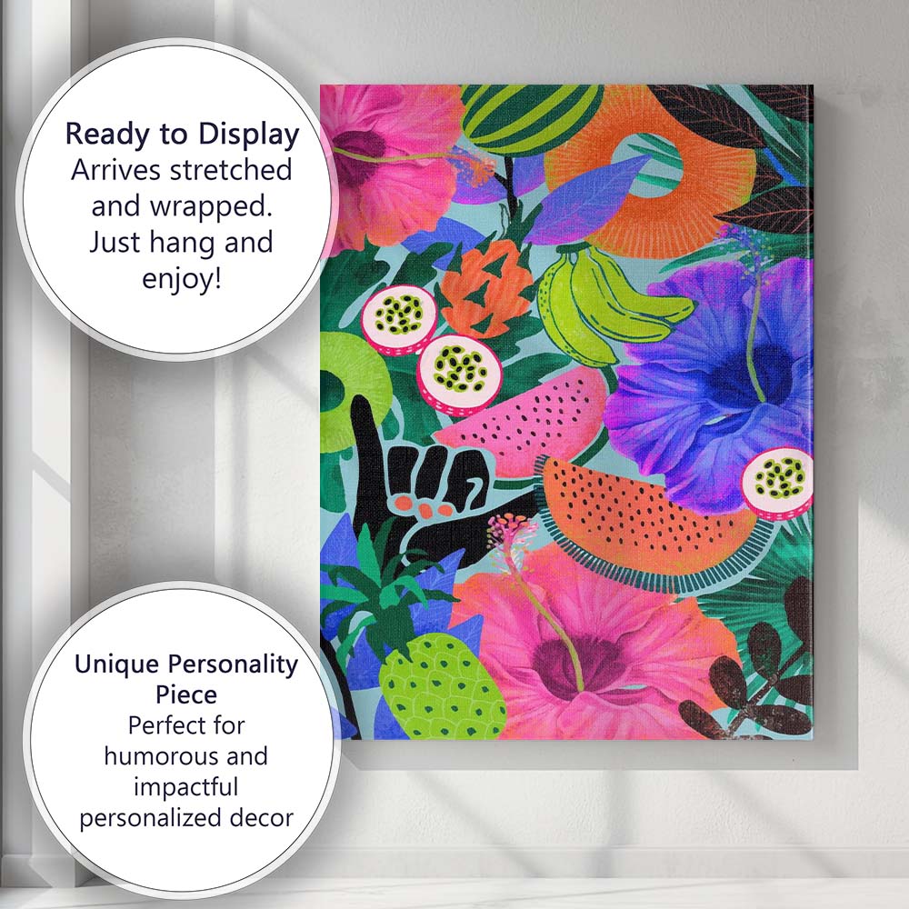 Vibrant Tropical Fruit And Hibiscus Botanical Collage Illustration Canvas Wall Art Print Decor Picture Ready to Hang