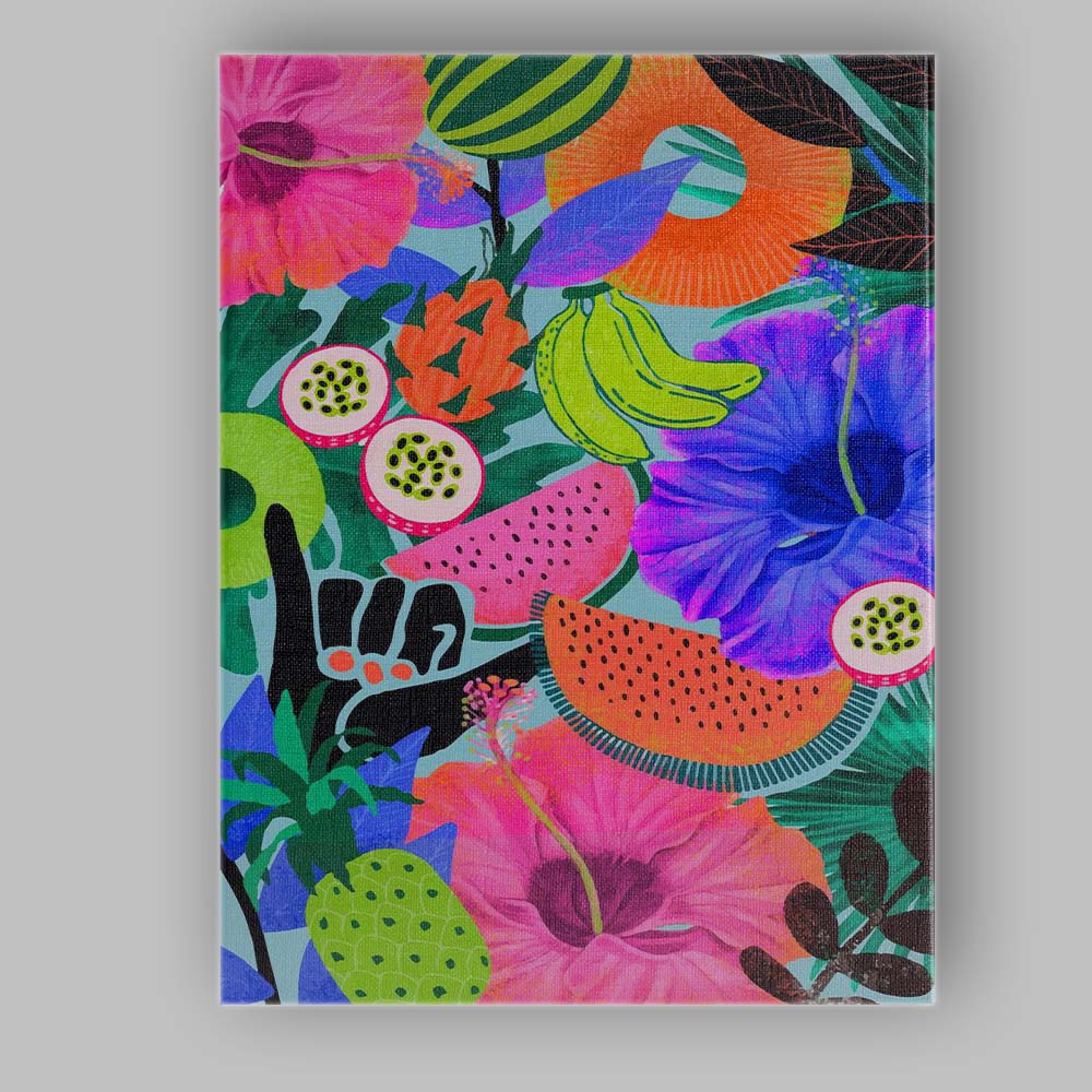 Vibrant Tropical Fruit And Hibiscus Botanical Collage Illustration Canvas Wall Art Print Decor Picture Ready to Hang