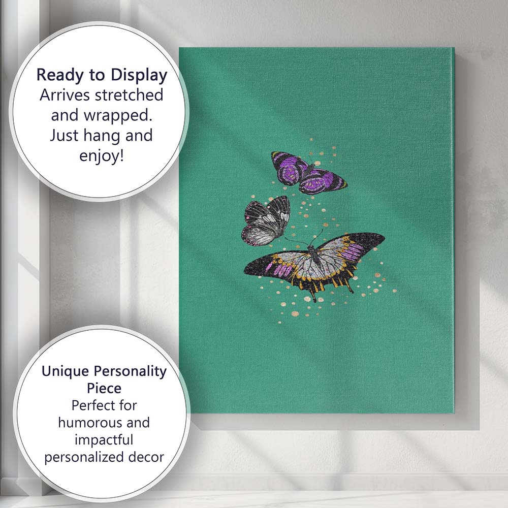 Minimal Teal Background Purple Butterflies With Gold Glitter Illustration Canvas Wall Art Print Decor Picture Ready to Hang