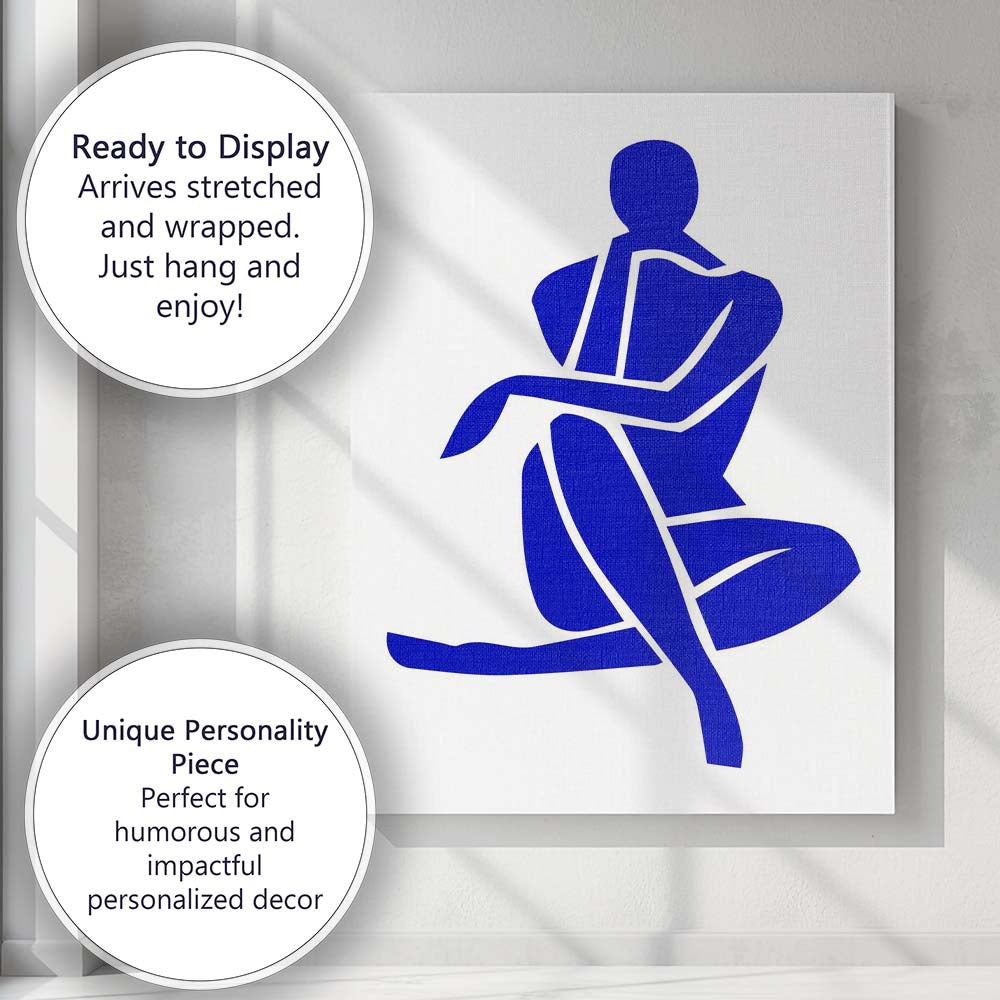 Abstract Blue Minimalist Seated Figure Silhouette Contemporary Line Art Canvas Wall Art Print Decor Picture Ready to Hang
