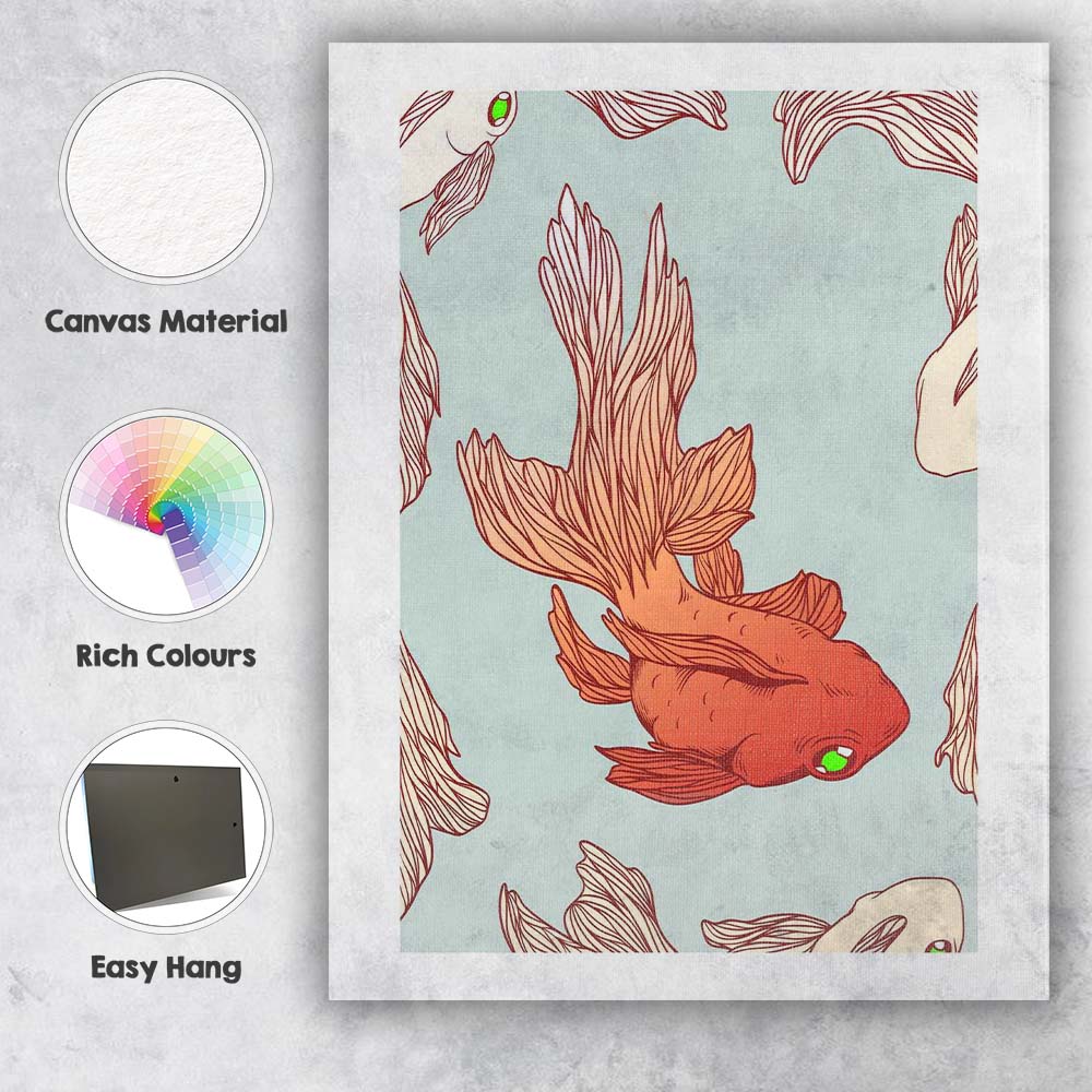 Coral Goldfish Illustration Aqua Blue Underwater Seamless Pattern Canvas Wall Art Print Decor Picture Ready to Hang
