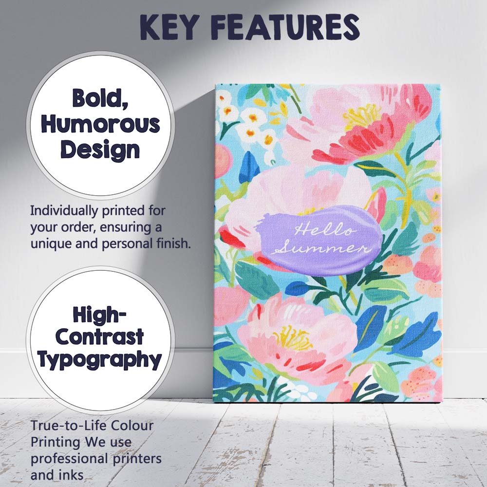 Pastel Pink Summer Floral Garden Typography Illustration Canvas Wall Art Print Decor Picture Ready to Hang
