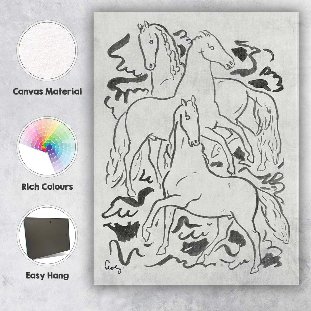 Minimalist Monochrome Running Horses Expressive Line Drawing Canvas Wall Art Print Decor Picture Ready to Hang