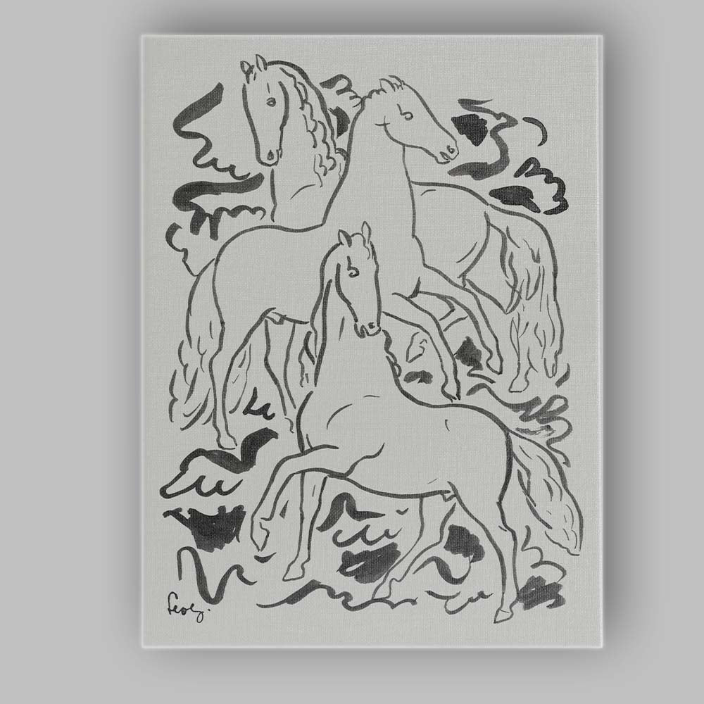 Minimalist Monochrome Running Horses Expressive Line Drawing Canvas Wall Art Print Decor Picture Ready to Hang