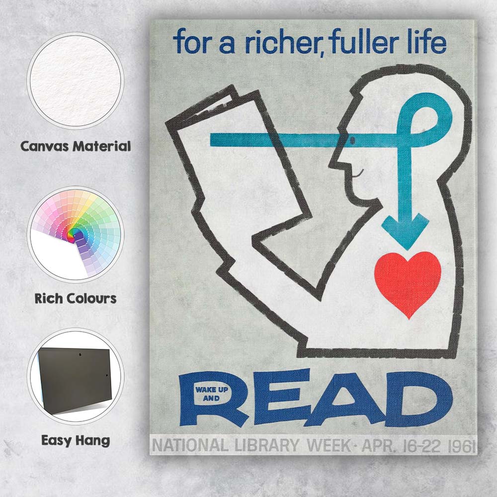Mid Century Modern Read More Library Awareness Graphic Poster Canvas Wall Art Print Decor Picture Ready to Hang