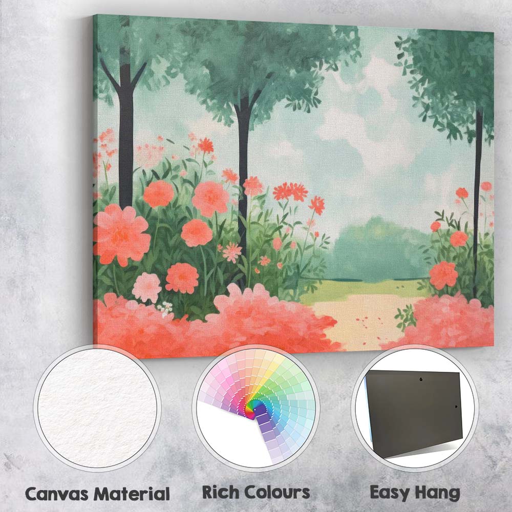 Soft Watercolour Garden Path Pink Floral Landscape Canvas Wall Art Print Decor Picture Ready to Hang
