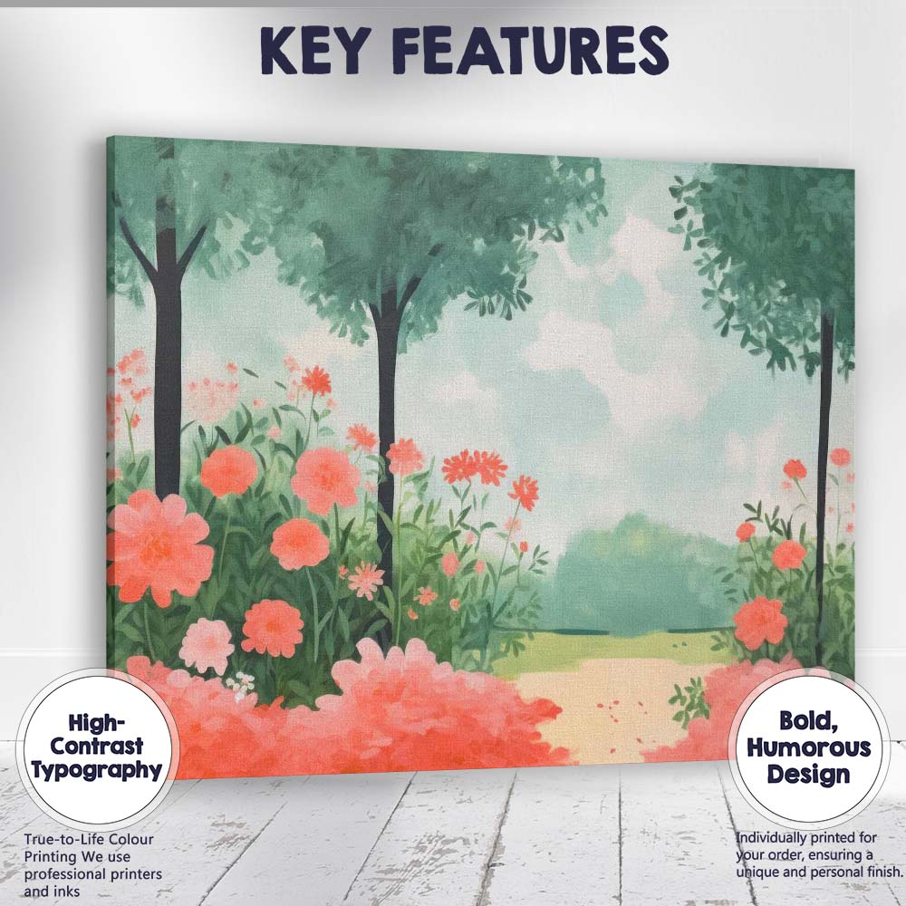 Soft Watercolour Garden Path Pink Floral Landscape Canvas Wall Art Print Decor Picture Ready to Hang