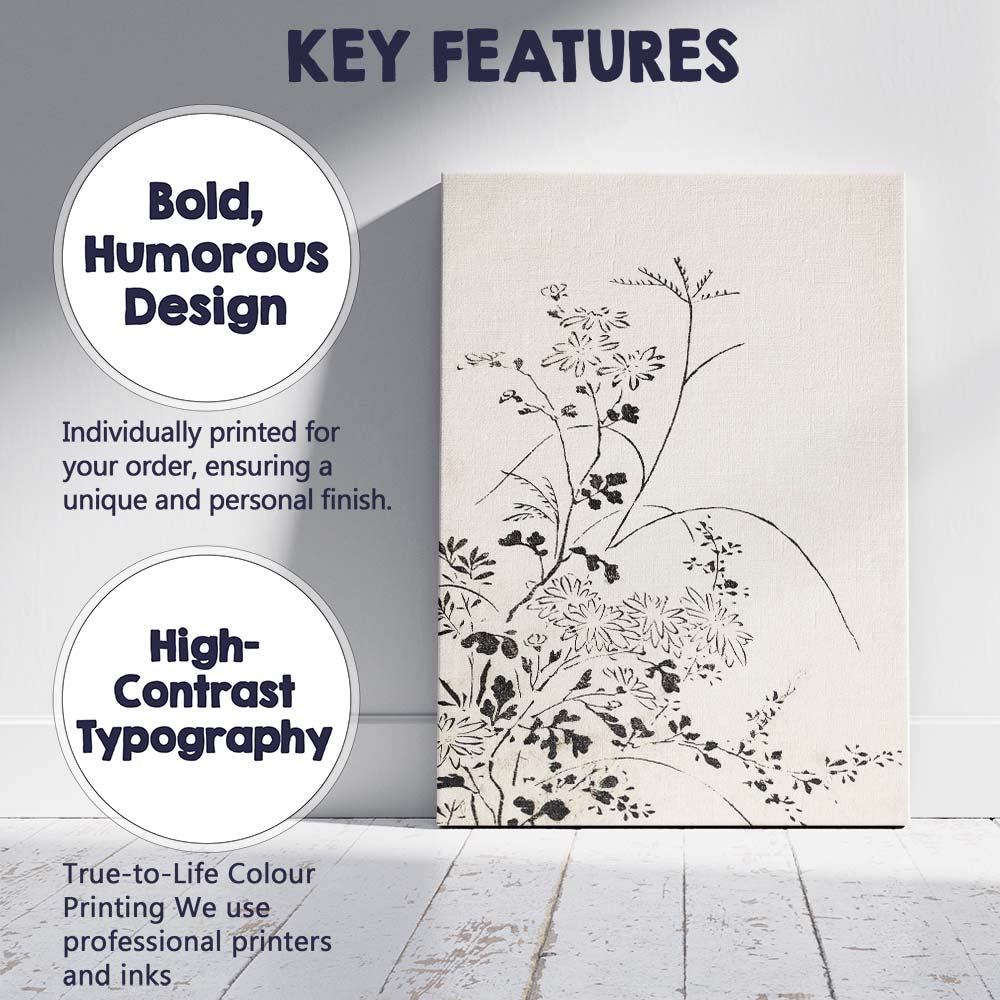 Japanese Sumi Ink Wildflower Minimalist Botanical Illustration Canvas Wall Art Print Decor Picture Ready to Hang