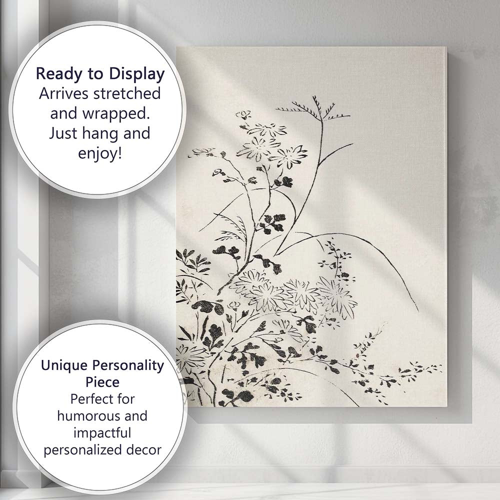 Japanese Sumi Ink Wildflower Minimalist Botanical Illustration Canvas Wall Art Print Decor Picture Ready to Hang