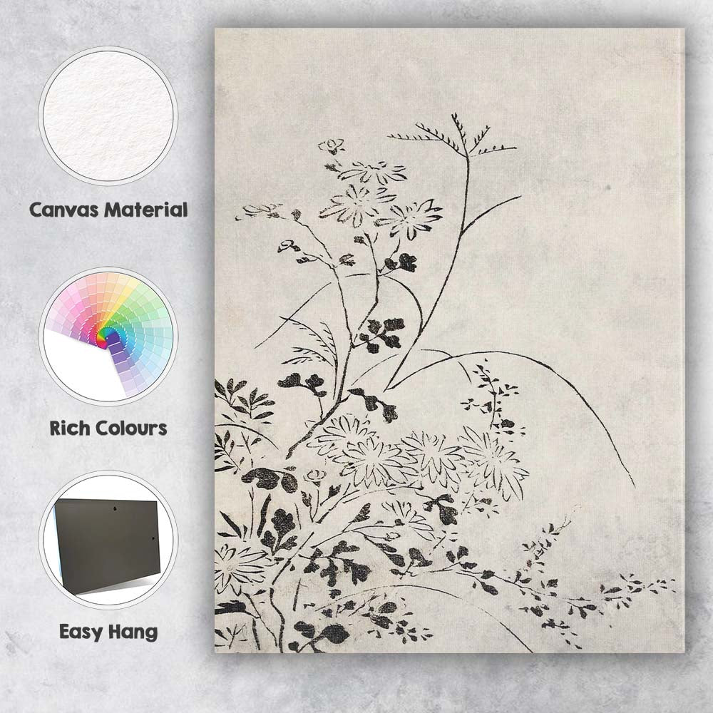 Japanese Sumi Ink Wildflower Minimalist Botanical Illustration Canvas Wall Art Print Decor Picture Ready to Hang