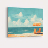 Minimalist Coastal Beach Umbrella Deck Chairs Seascape Canvas Wall Art Print Decor Picture Ready to Hang