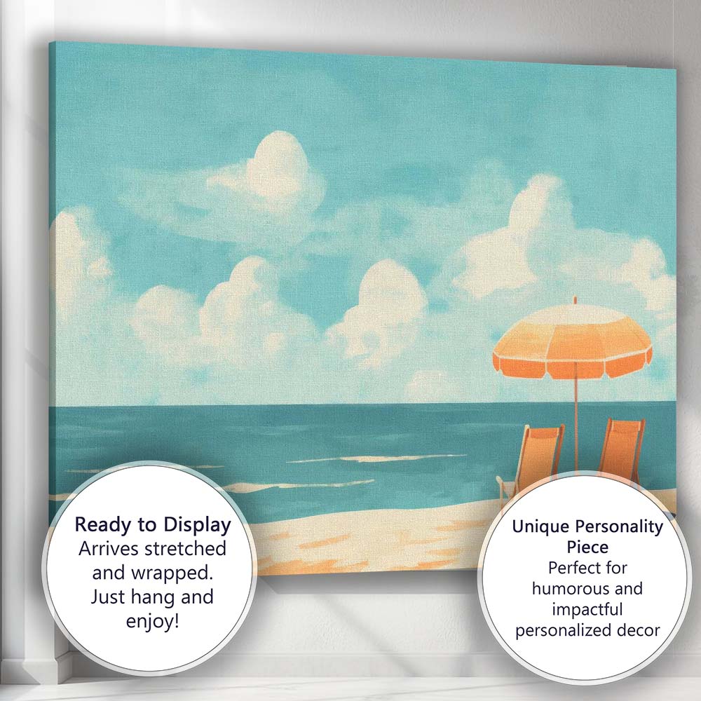 Minimalist Coastal Beach Umbrella Deck Chairs Seascape Canvas Wall Art Print Decor Picture Ready to Hang