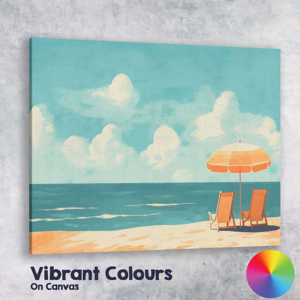 Minimalist Coastal Beach Umbrella Deck Chairs Seascape Canvas Wall Art Print Decor Picture Ready to Hang