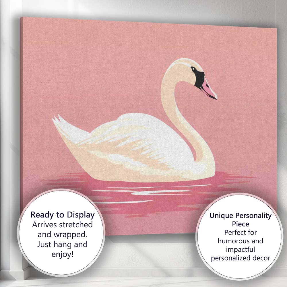 Elegant White Swan On Blush Pink Water Minimalist Wildlife Canvas Wall Art Print Decor Picture Ready to Hang