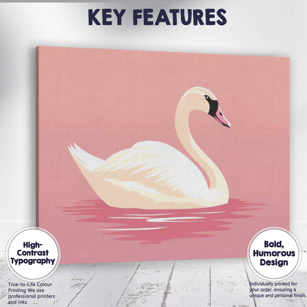 Elegant White Swan On Blush Pink Water Minimalist Wildlife Canvas Wall Art Print Decor Picture Ready to Hang