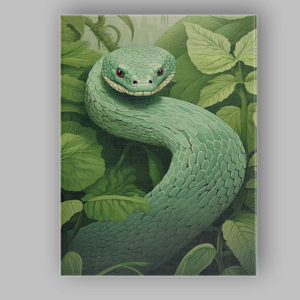 Emerald Green Snake Jungle Wildlife Botanical Illustration Canvas Wall Art Print Decor Picture Ready to Hang