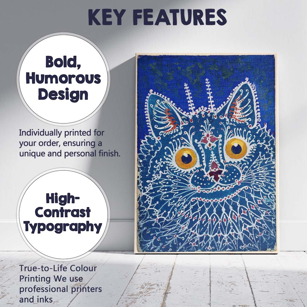 Blue Folk Art Decorative Cat Portrait Illustration Canvas Wall Art Print Decor Picture Ready to Hang