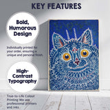 Blue Folk Art Decorative Cat Portrait Illustration Canvas Wall Art Print Decor Picture Ready to Hang