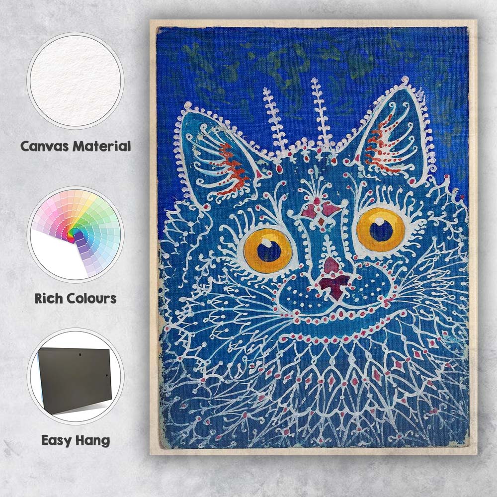 Blue Folk Art Decorative Cat Portrait Illustration Canvas Wall Art Print Decor Picture Ready to Hang