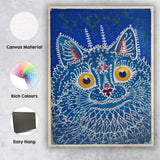 Blue Folk Art Decorative Cat Portrait Illustration Canvas Wall Art Print Decor Picture Ready to Hang