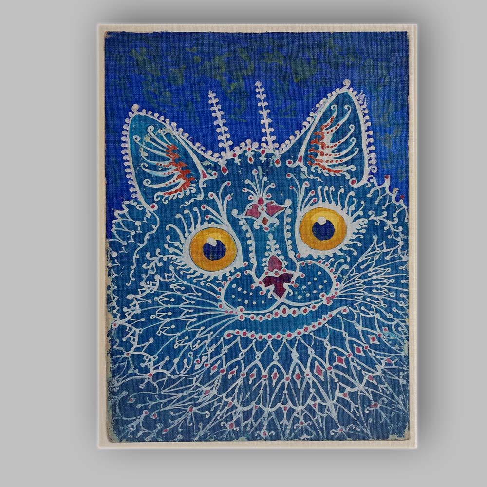 Blue Folk Art Decorative Cat Portrait Illustration Canvas Wall Art Print Decor Picture Ready to Hang