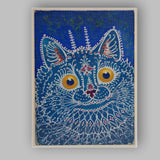 Blue Folk Art Decorative Cat Portrait Illustration Canvas Wall Art Print Decor Picture Ready to Hang
