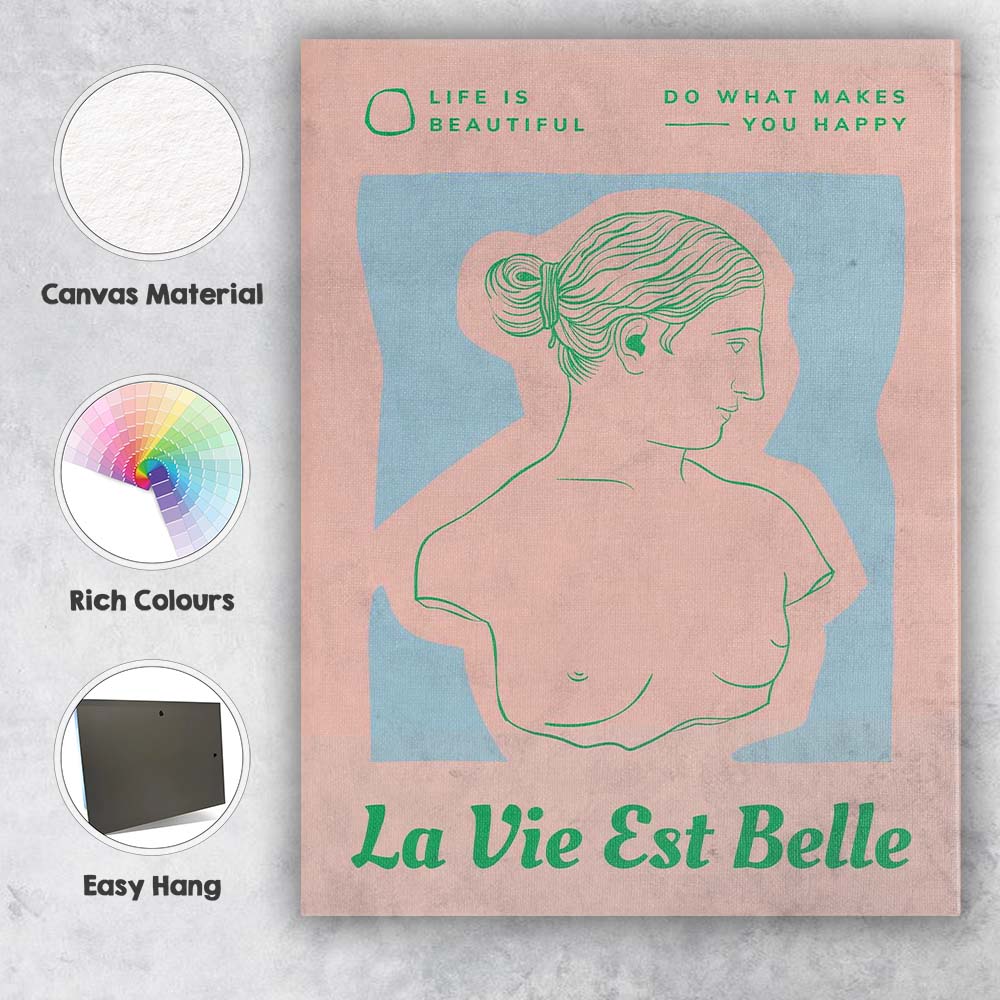 Pastel Pink La Vie Est Belle Classical Female Bust Typography Canvas Wall Art Print Decor Picture Ready to Hang