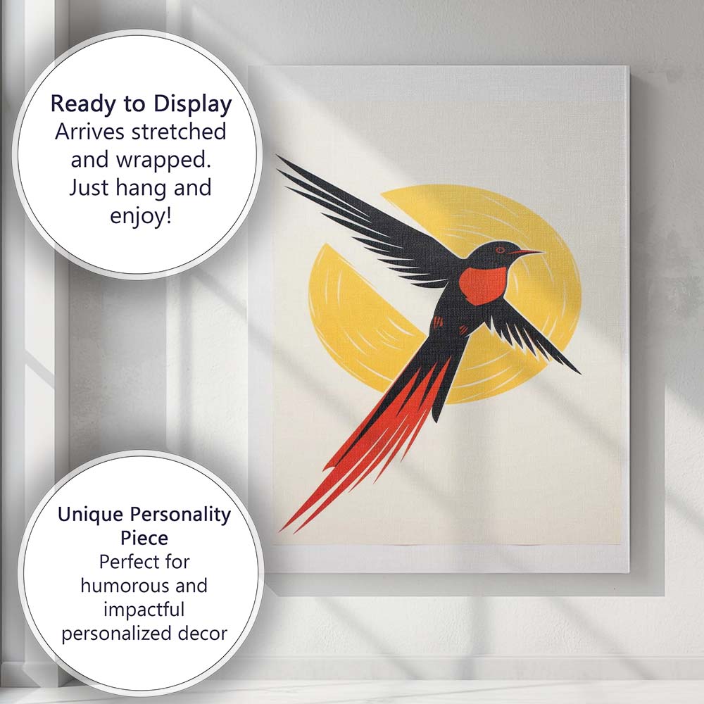 Minimalist Black and Red Swallow Bird Sun Graphic Canvas Wall Art Print Decor Picture Ready to Hang