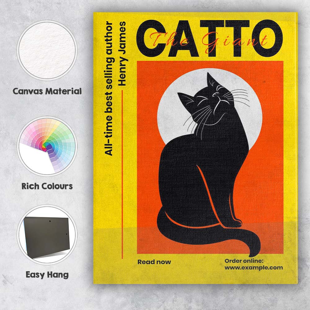 Bold Black Cat Minimalist Book Cover Illustration Canvas Wall Art Print Decor Picture Ready to Hang