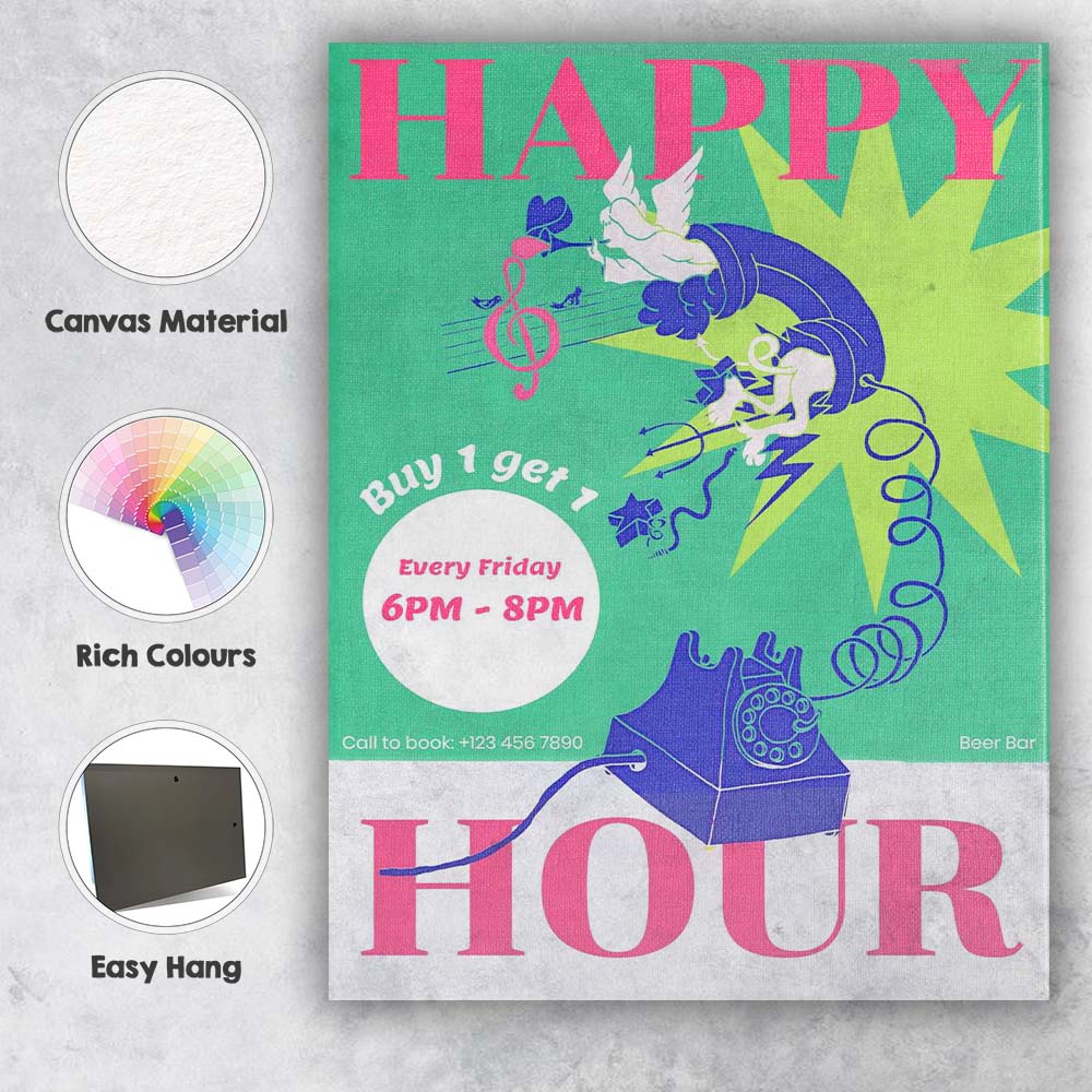 Colourful Retro Happy Hour Cocktail Bar Poster Canvas Wall Art Print Decor Picture Ready to Hang