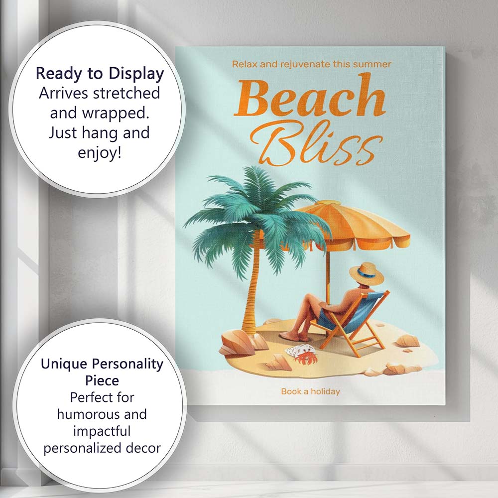 Tropical Beach Bliss Summer Holiday Illustration Canvas Wall Art Print Decor Picture Ready to Hang