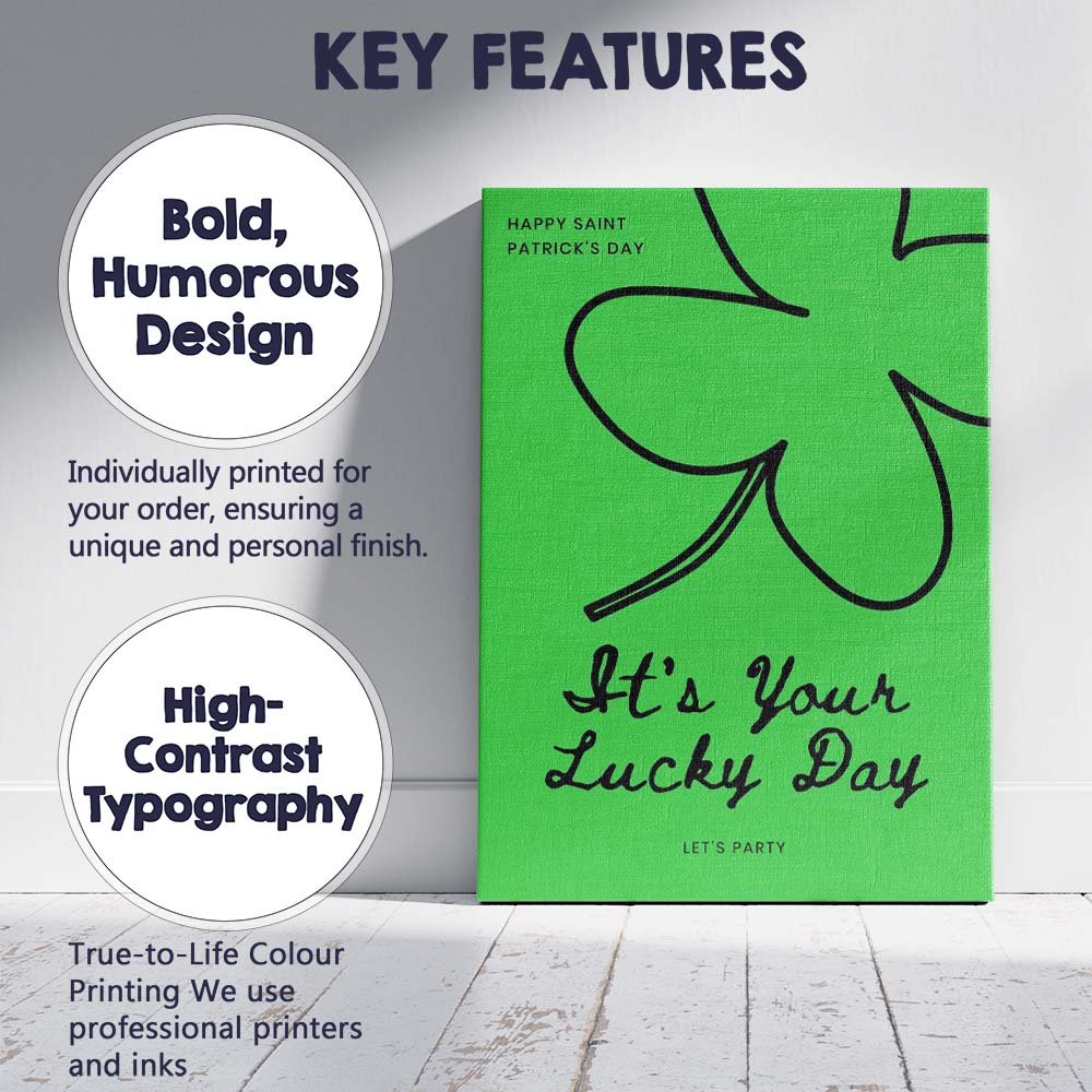 Green Saint Patricks Day Lucky Shamrock Typography Canvas Wall Art Print Decor Picture Ready to Hang