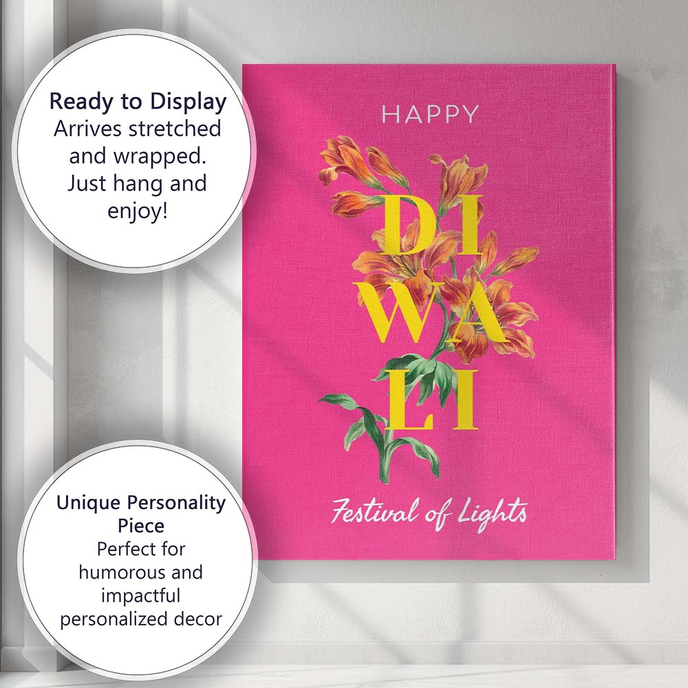Happy Diwali Festival of Lights Orange Lily Floral Typography Canvas Wall Art Print Decor Picture Ready to Hang