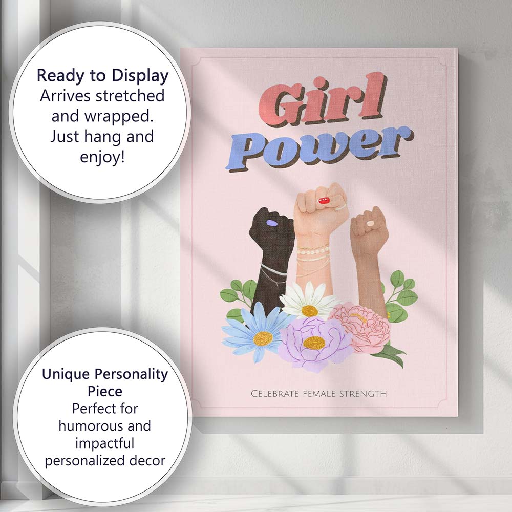 Girl Power Feminist Floral Raised Fists Female Empowerment Canvas Wall Art Print Decor Picture Ready to Hang