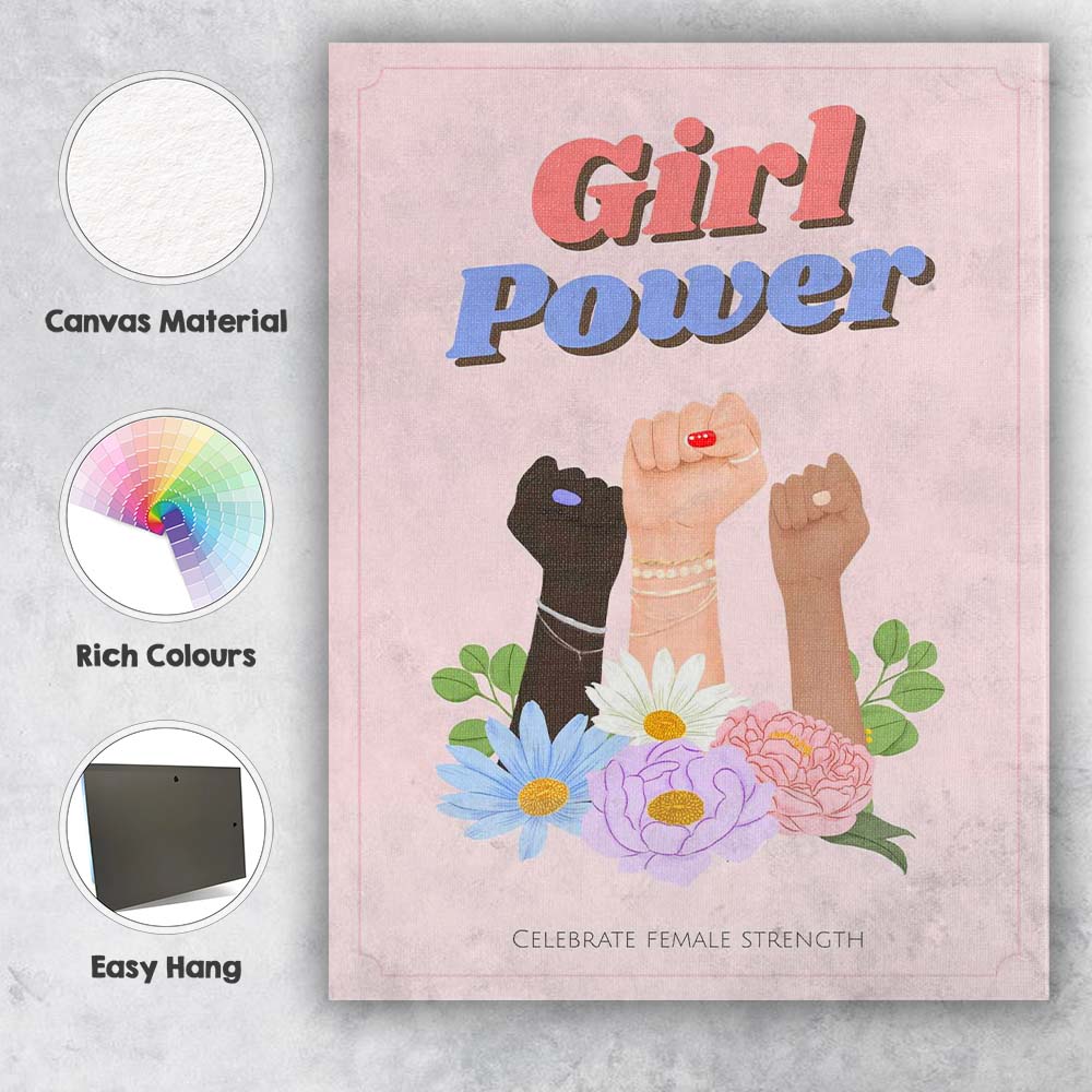 Girl Power Feminist Floral Raised Fists Female Empowerment Canvas Wall Art Print Decor Picture Ready to Hang