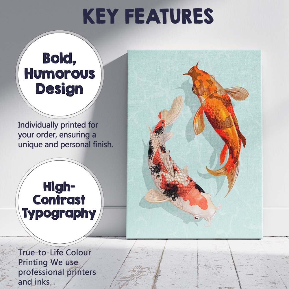 Elegant Koi Fish Pair Japanese Pond Illustration Canvas Wall Art Print Decor Picture Ready to Hang