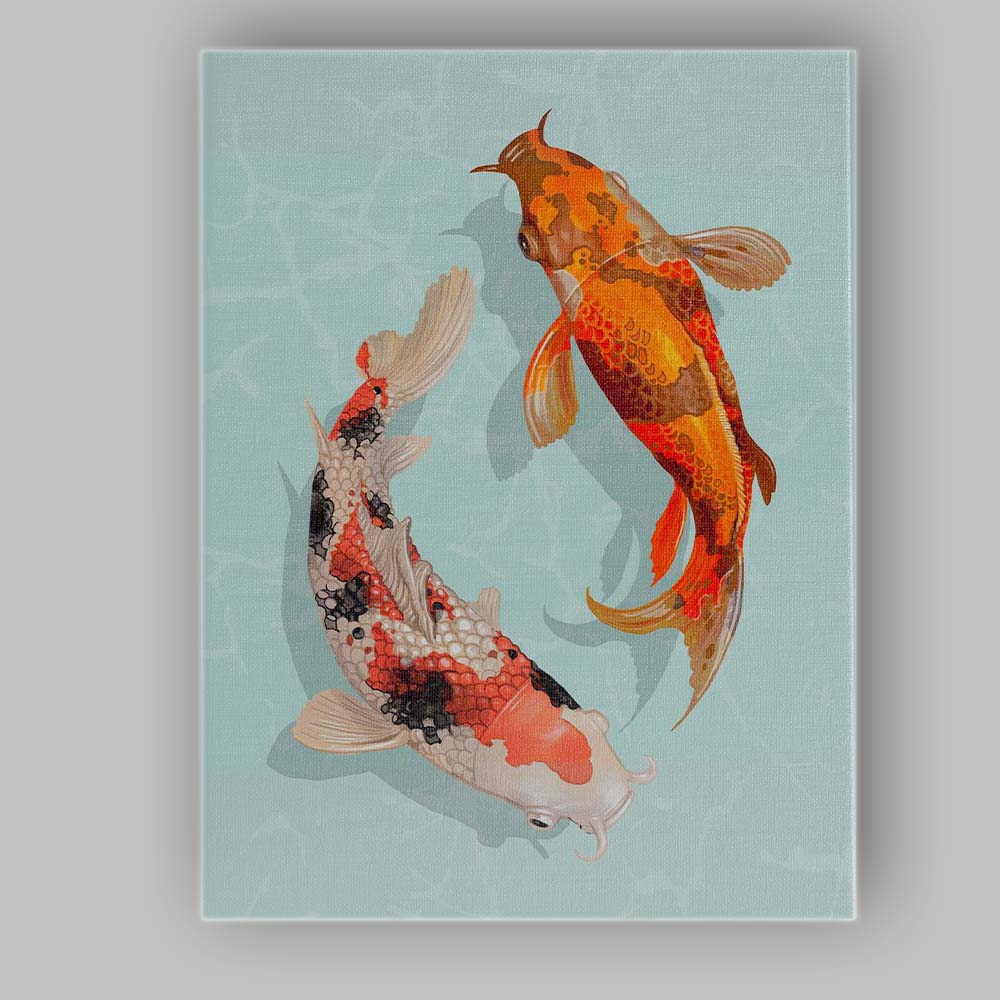 Elegant Koi Fish Pair Japanese Pond Illustration Canvas Wall Art Print Decor Picture Ready to Hang