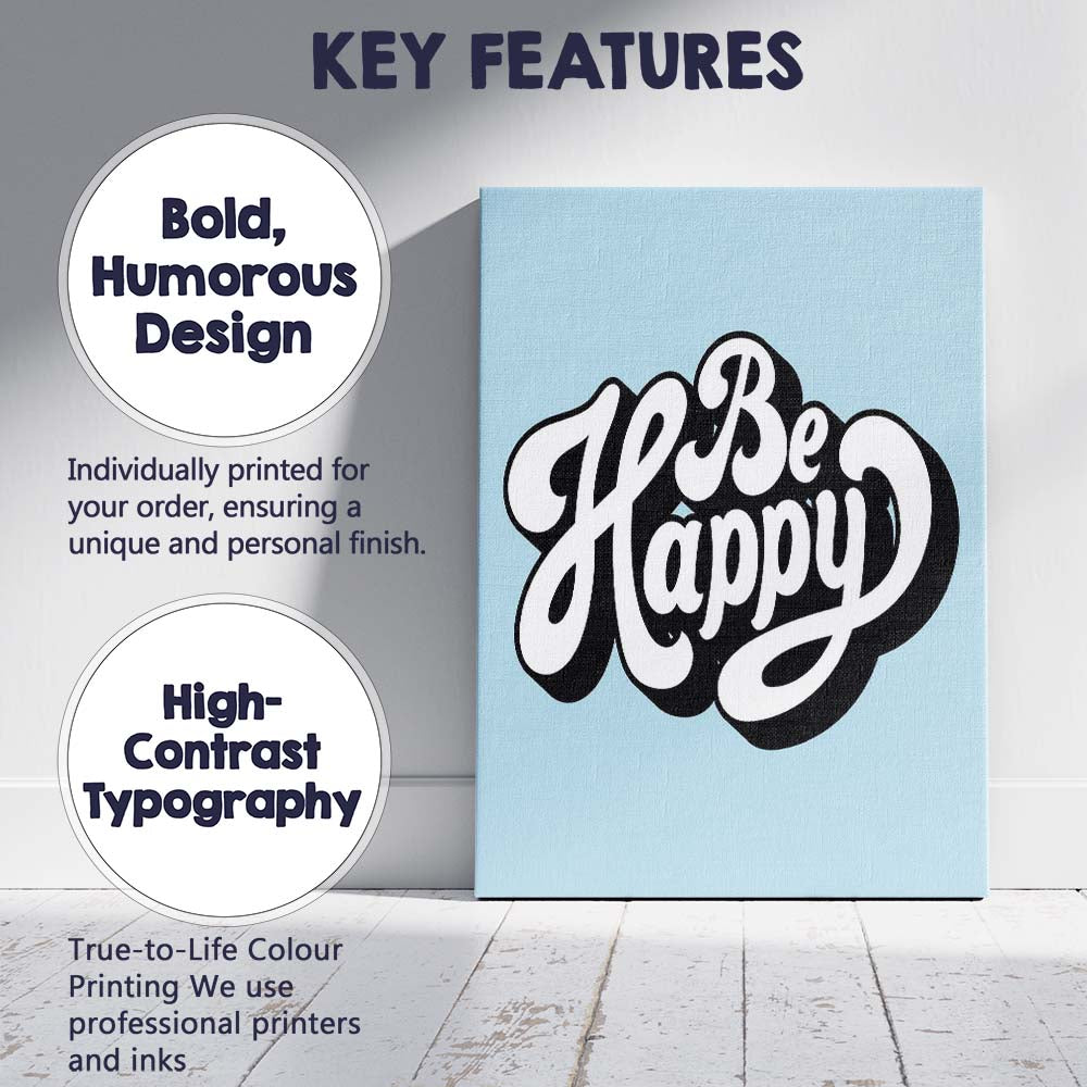 Be Happy Retro Typography Motivational Quote Canvas Wall Art Print Decor Picture Ready to Hang