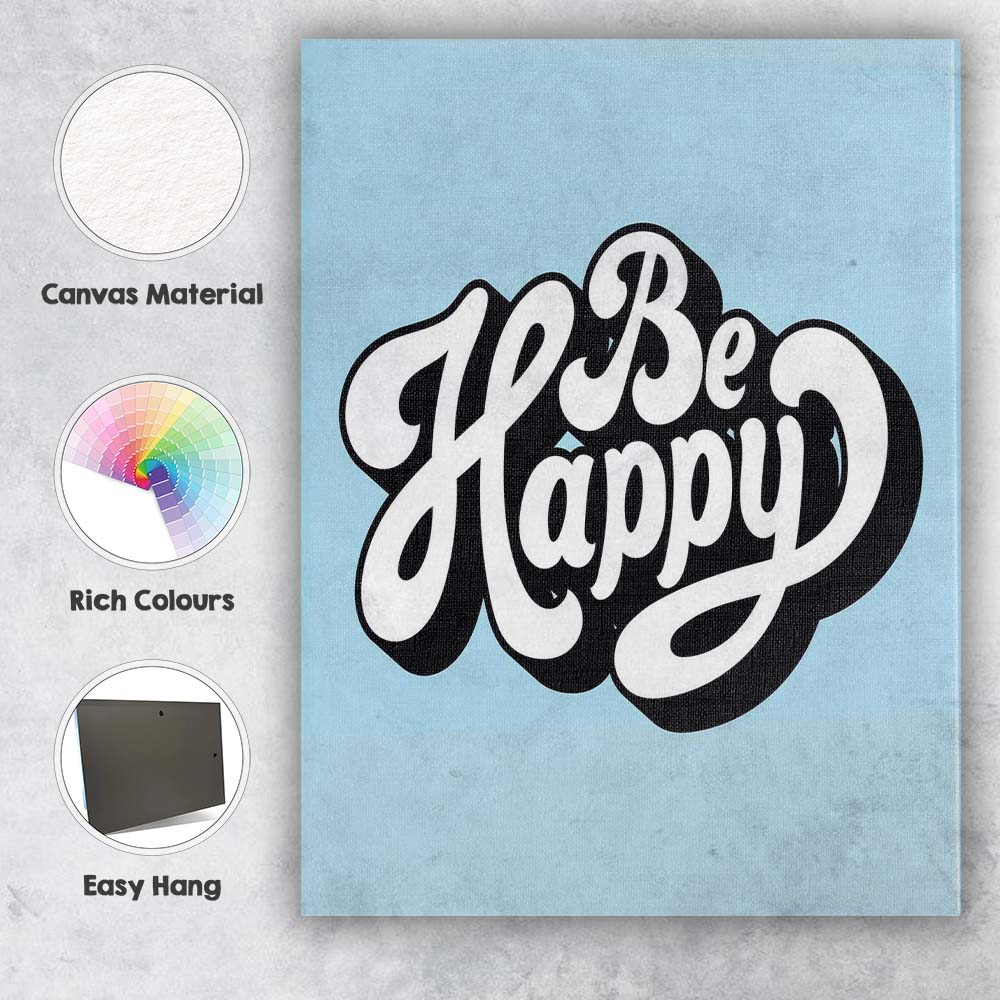 Be Happy Retro Typography Motivational Quote Canvas Wall Art Print Decor Picture Ready to Hang