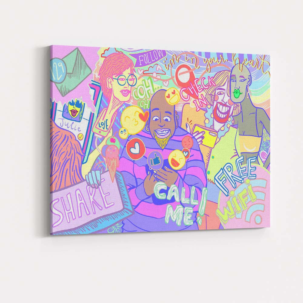 Colourful Pop Art Social Media Illustration Modern Lifestyle Canvas Wall Art Print Decor Picture Ready to Hang