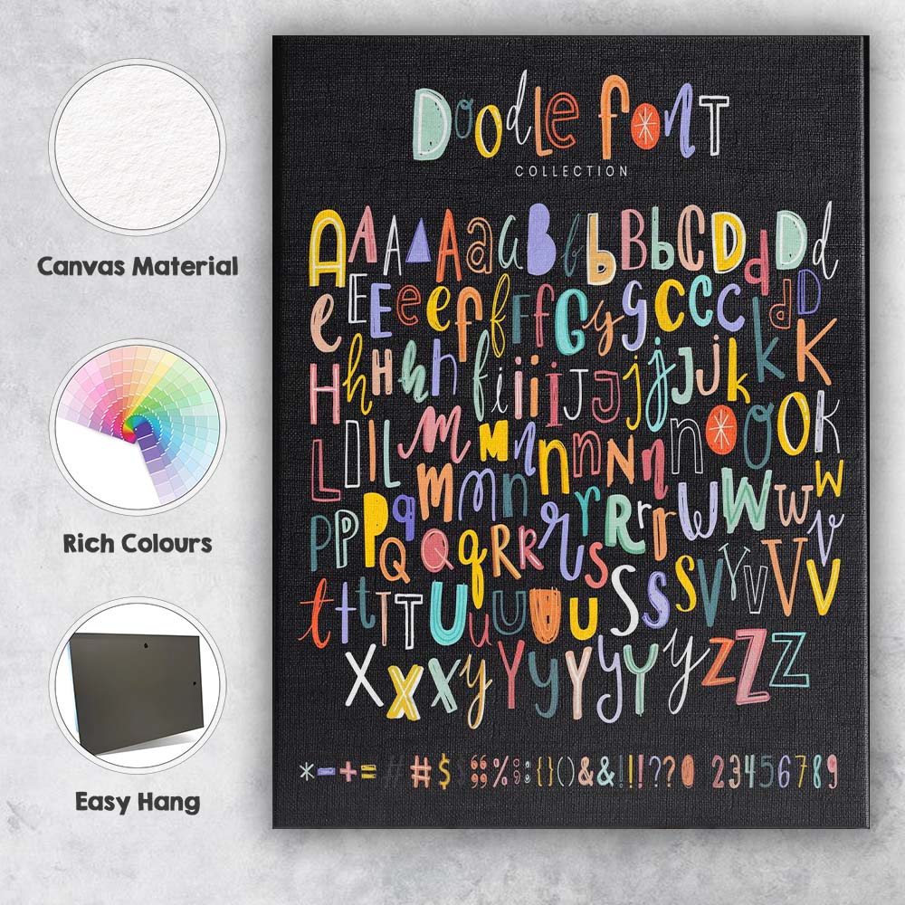Playful Doodle Alphabet Colourful Font Collection Typography Canvas Wall Art Print Decor Picture Ready to Hang