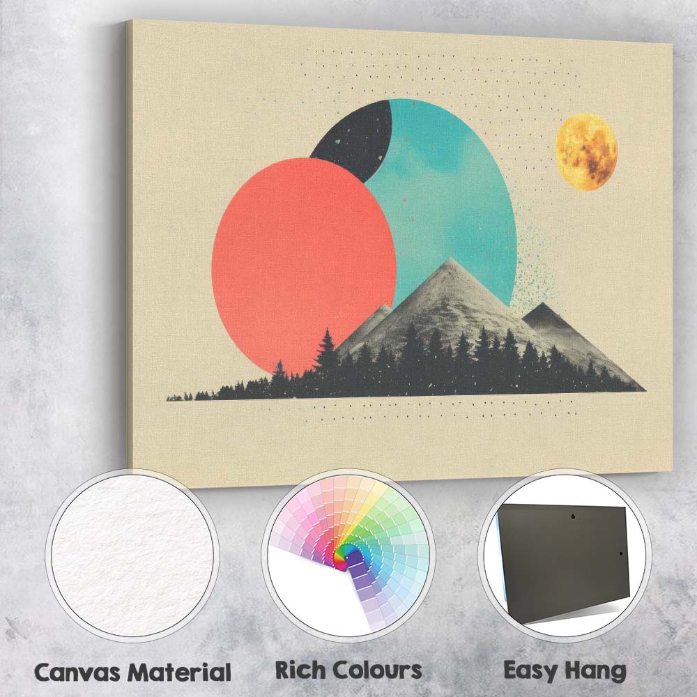 Abstract Geometric Mountain Landscape Sun Moon Mid Century Modern Canvas Wall Art Print Decor Picture Ready to Hang