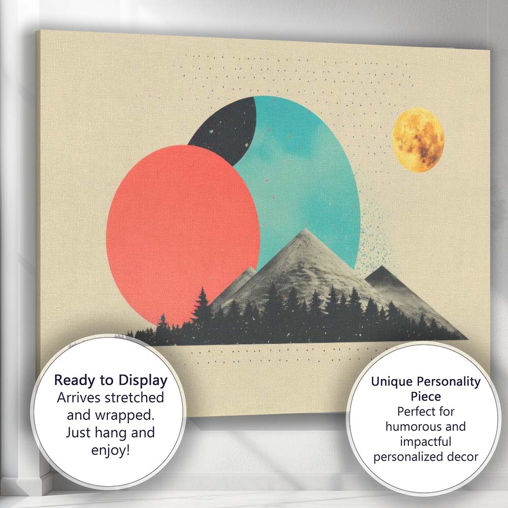 Abstract Geometric Mountain Landscape Sun Moon Mid Century Modern Canvas Wall Art Print Decor Picture Ready to Hang