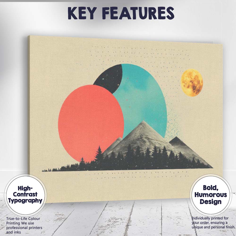 Abstract Geometric Mountain Landscape Sun Moon Mid Century Modern Canvas Wall Art Print Decor Picture Ready to Hang