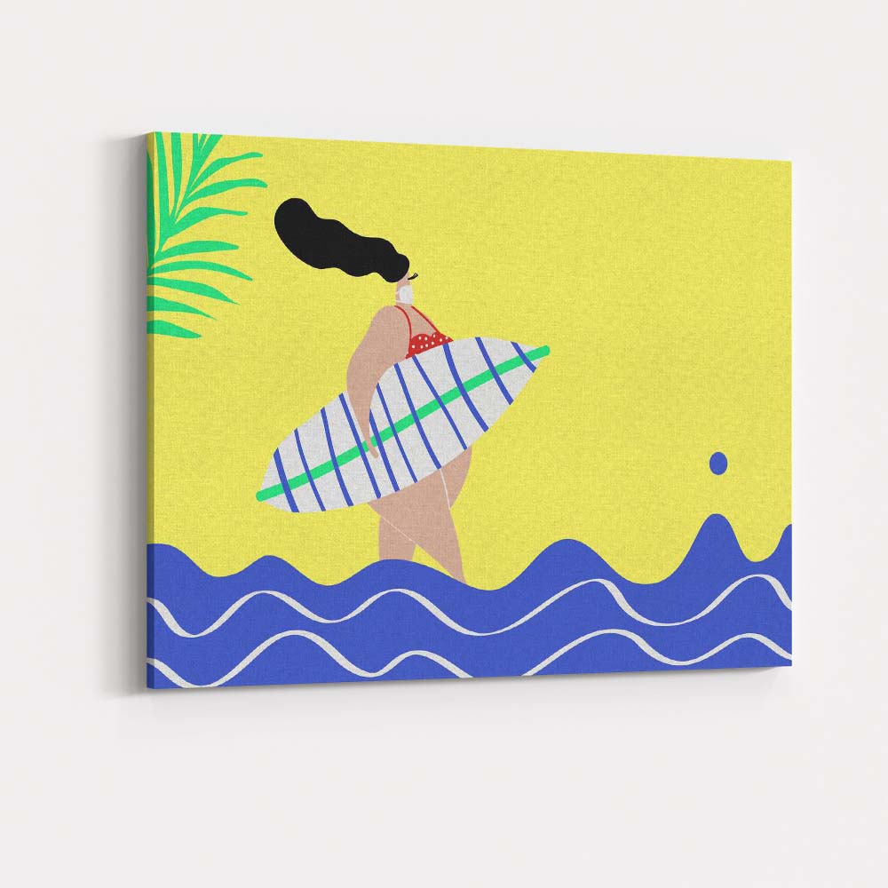 Minimalist Surfer Girl Paddle Board Coastal Beach Illustration Canvas Wall Art Print Decor Picture Ready to Hang
