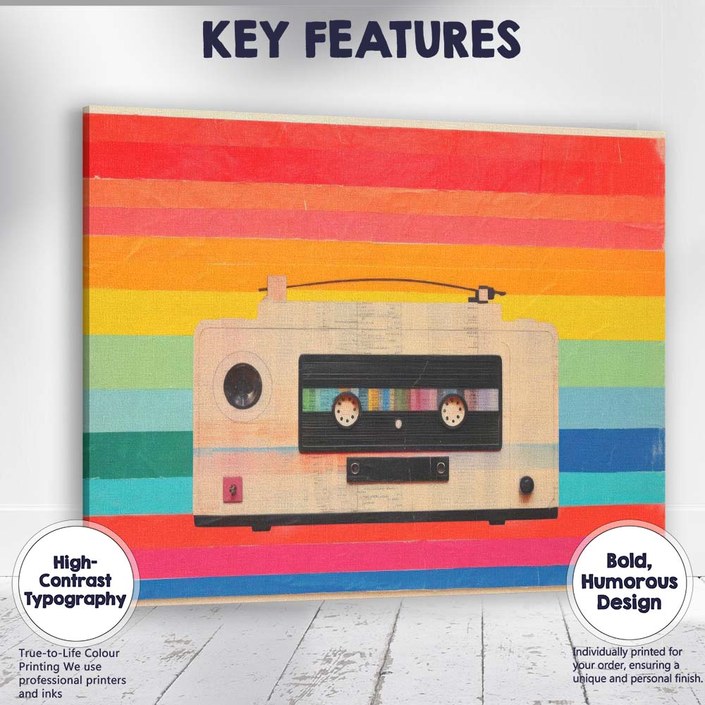 Retro Cassette Tape Rainbow Stripes Music Wall Art Canvas Wall Art Print Decor Picture Ready to Hang