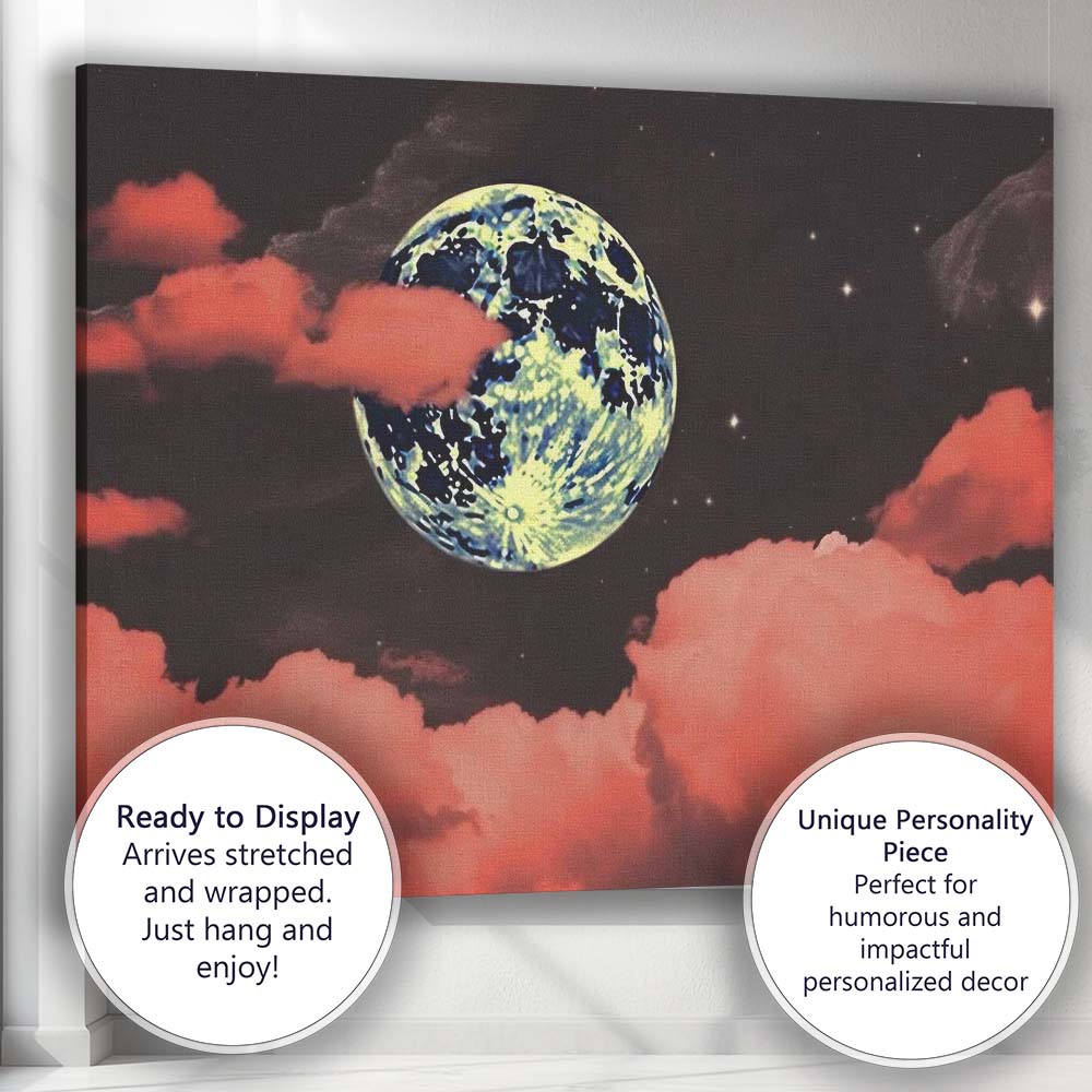Dreamy Full Moon Pink Clouds Night Sky Landscape Canvas Wall Art Print Decor Picture Ready to Hang