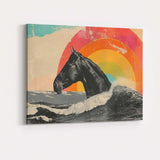 Black Horse Ocean Waves Rainbow Sunset Surreal Canvas Wall Art Print Decor Picture Ready to Hang