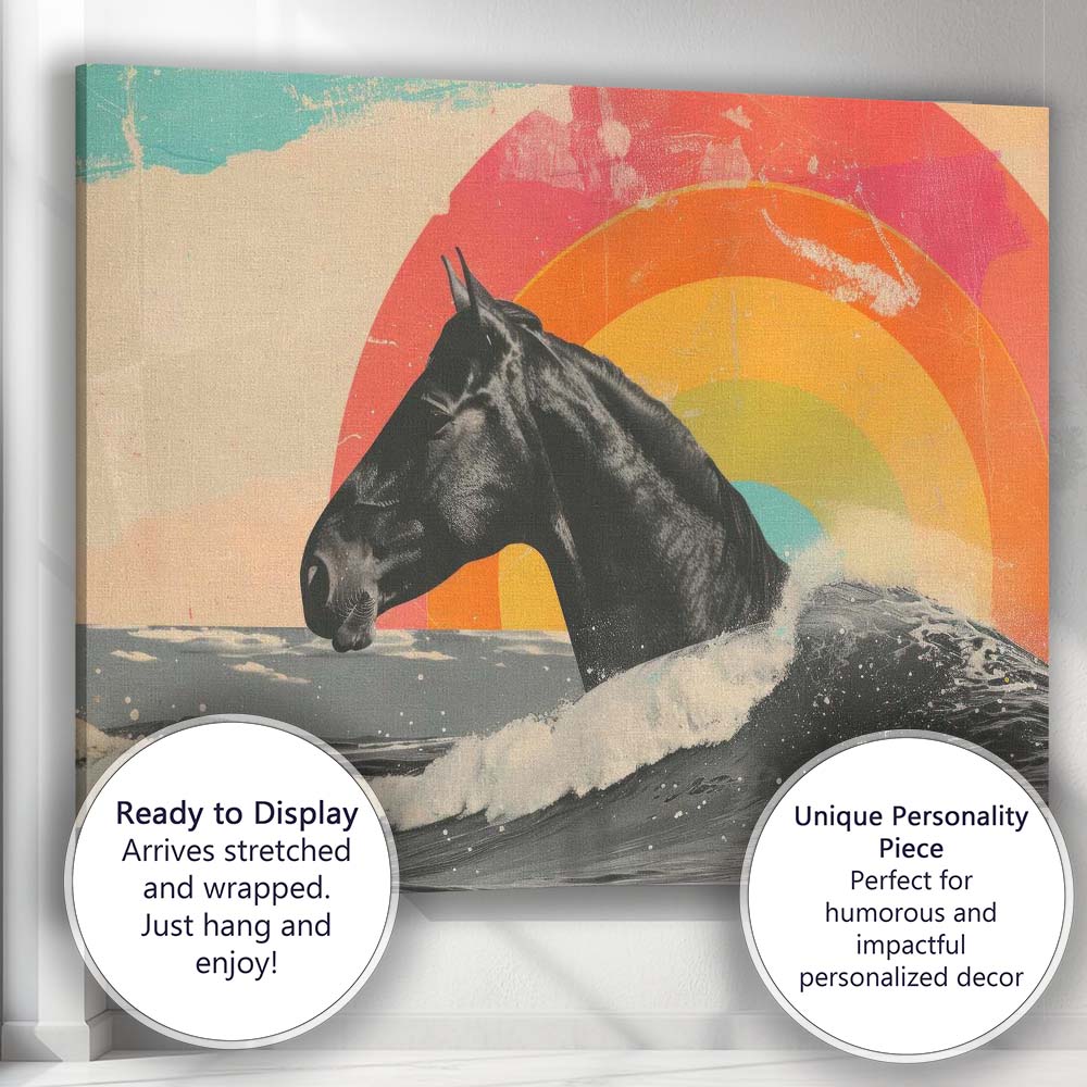 Black Horse Ocean Waves Rainbow Sunset Surreal Canvas Wall Art Print Decor Picture Ready to Hang